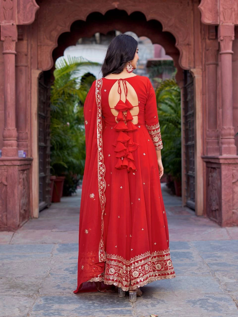 Red Anarkali Suit Back View Open Dori Tie-Up Detail Kalyanja KU277