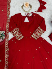 Red Sequins Anarkali Suit Flat Lay Dupatta Back Detail Kalyanja KU277