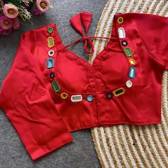 Red Mirror Work V-Neck Silk Blouse