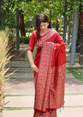 Red Warli Weaving Soft Banglori Raw Silk Saree featuring intricate handloom craftsmanship, ideal for reception, sangeet, and festive occasions.