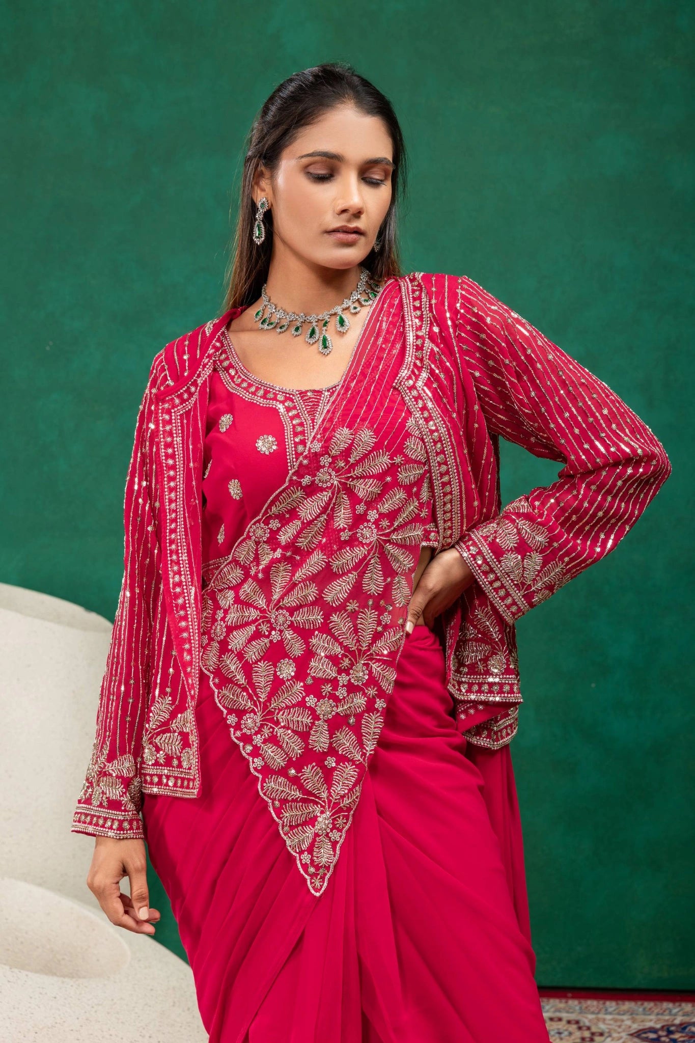 Red Zari Embroidered Saree KS394 model with jacket blouse detail