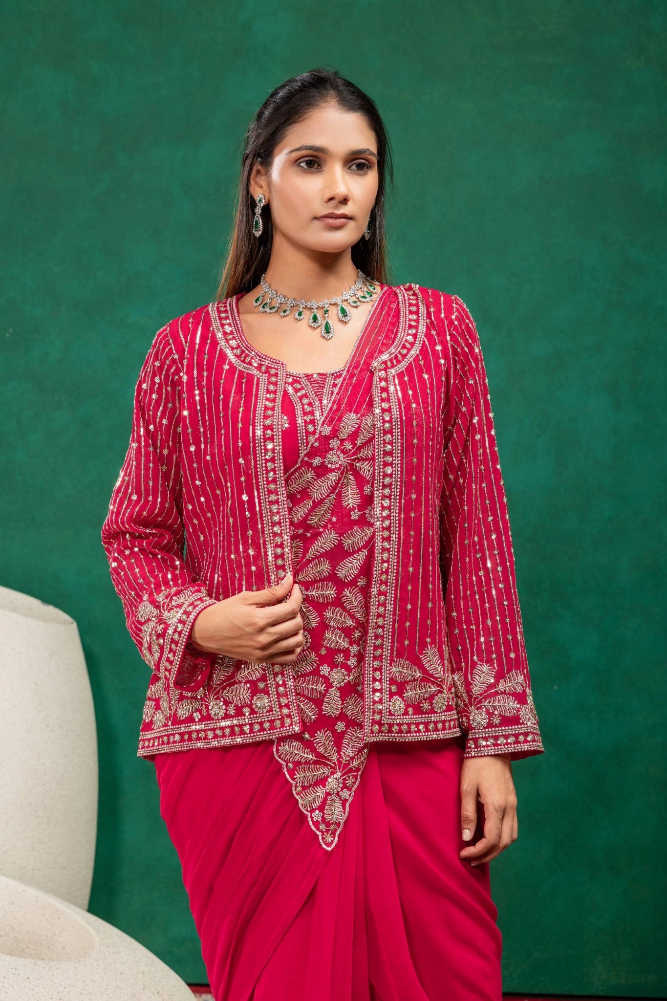 Red Beads Work Zari Saree KS394 side view