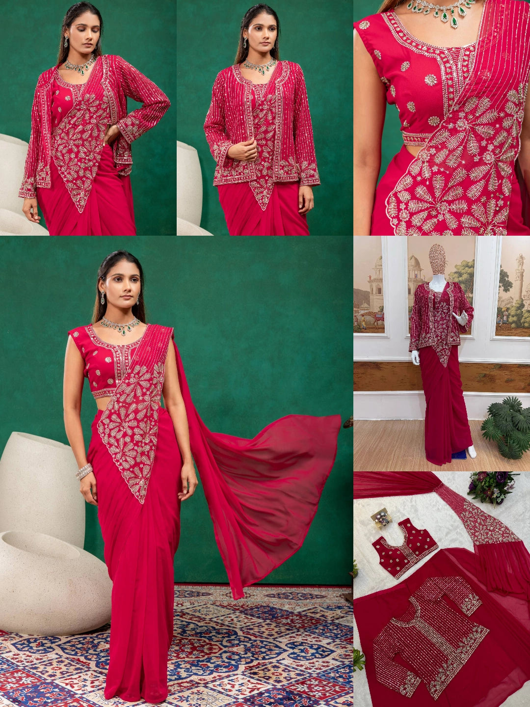 Red Zari Embroidered Saree KS394 multiple model views