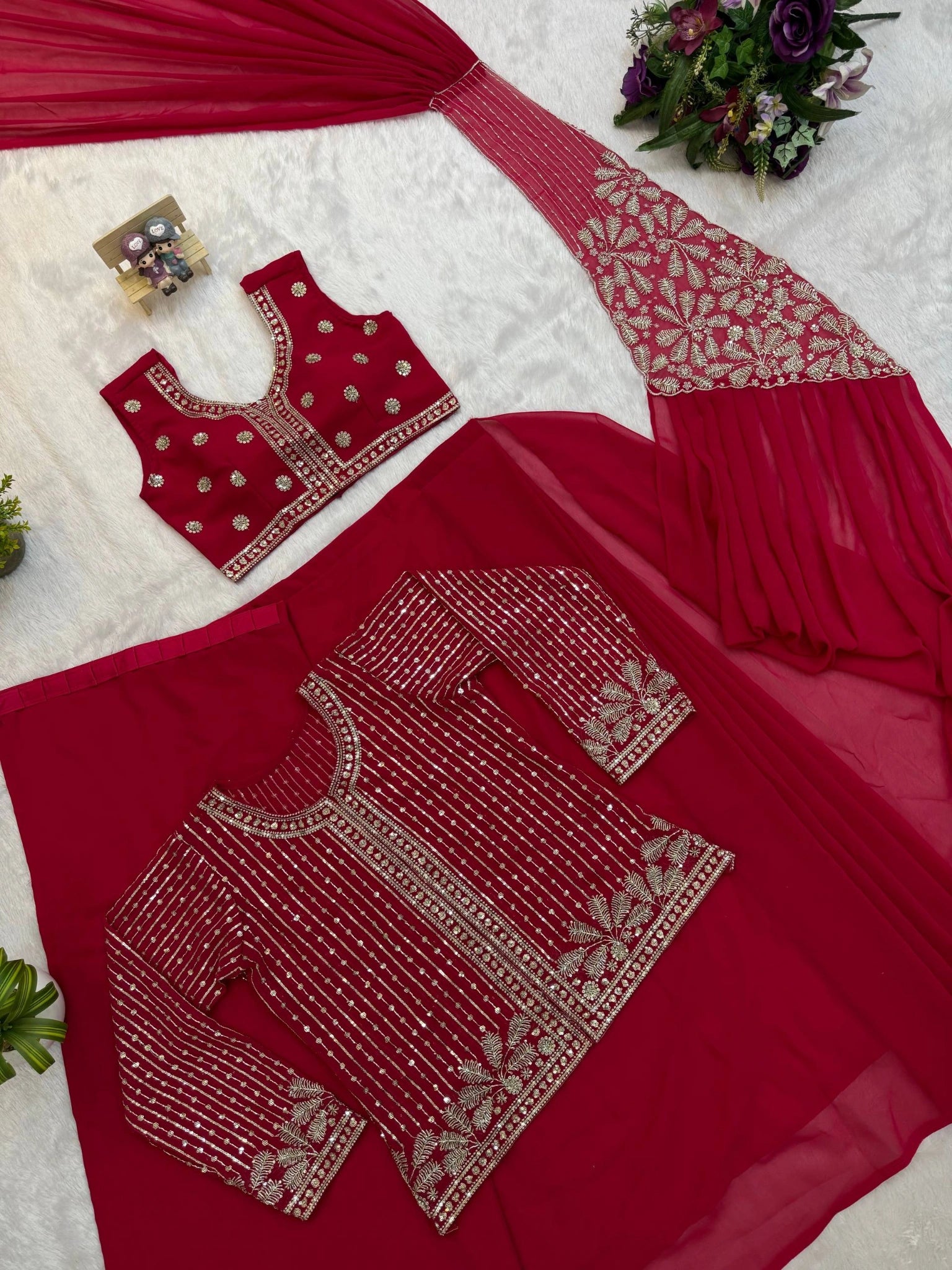 Red Zari Embroidered Saree KS394 flat lay blouse piece set