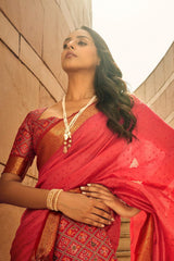 Red Zari Work Soft Khadi Silk Saree - Kalyanja