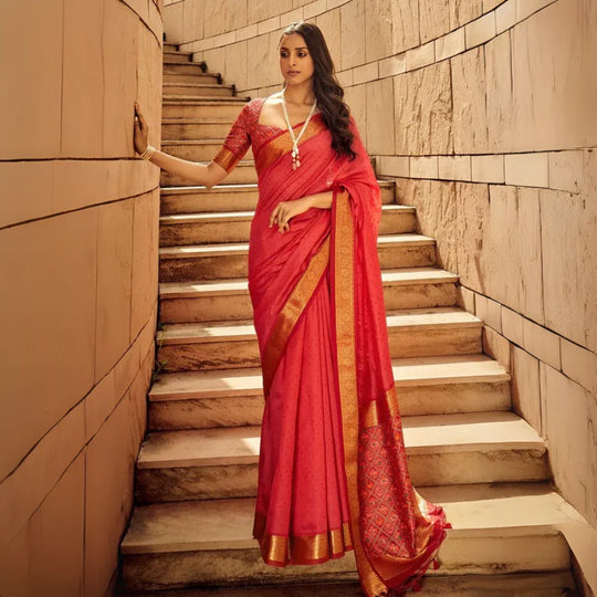 Red Zari Work Soft Khadi Silk Saree - Kalyanja