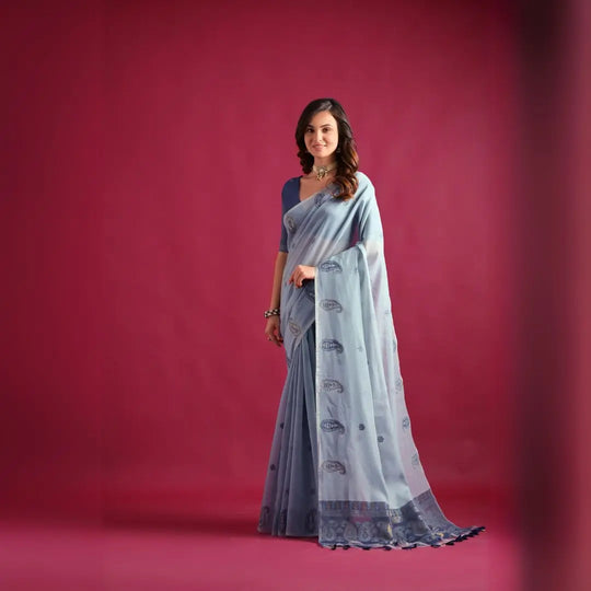 Blue Gray Resham Weaving Soft Mul Cotton Saree