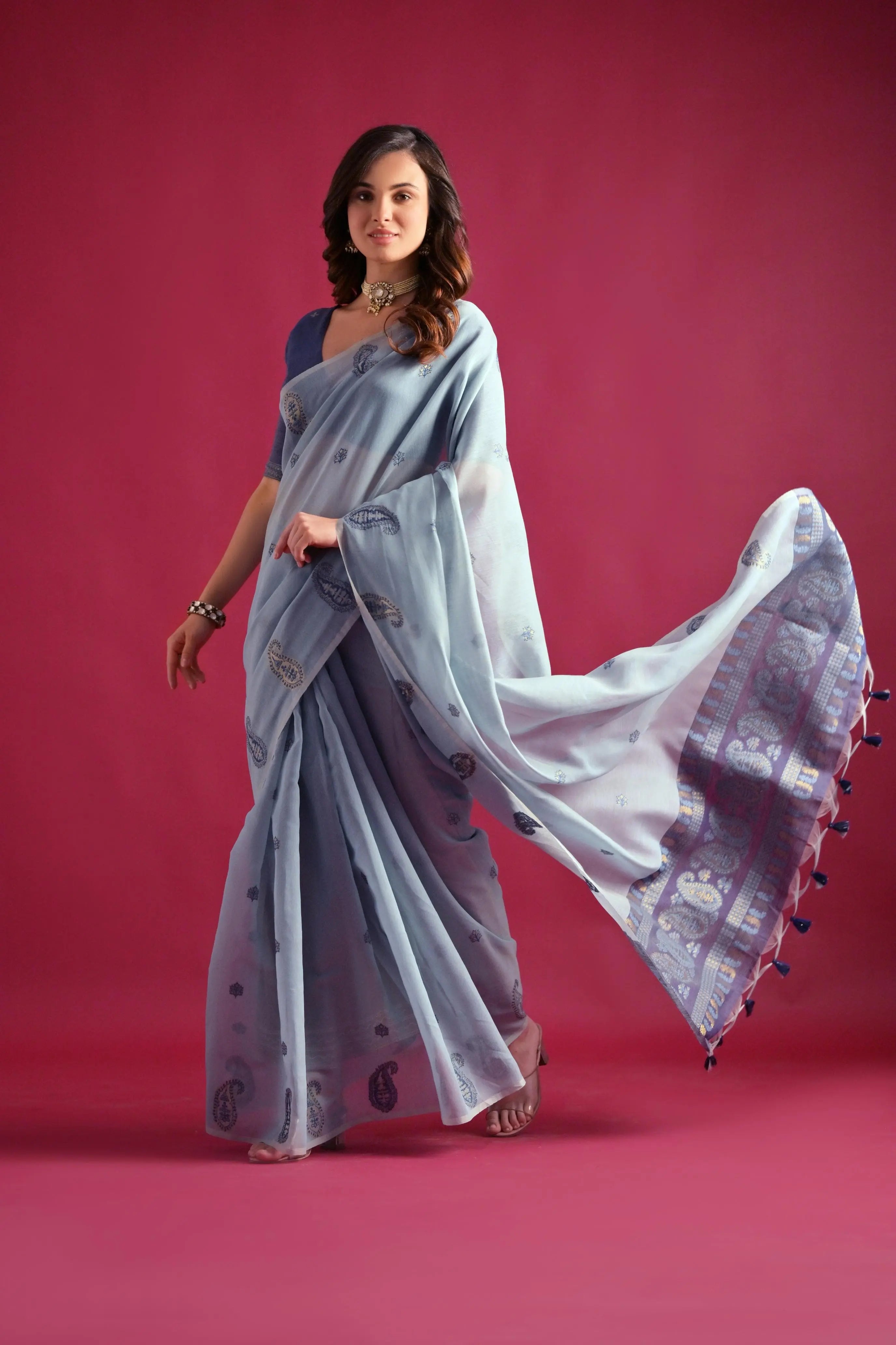 Blue Gray Resham Weaving Soft Mul Cotton Saree
