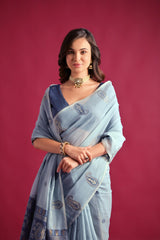 Blue Gray Resham Weaving Soft Mul Cotton Saree