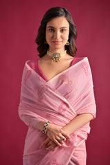Pink Resham Weaving Soft Mul Cotton Saree
