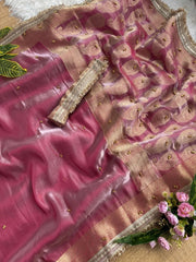 Rose Pink Banarasi Satin Silk Saree – Woven Pallu KS405