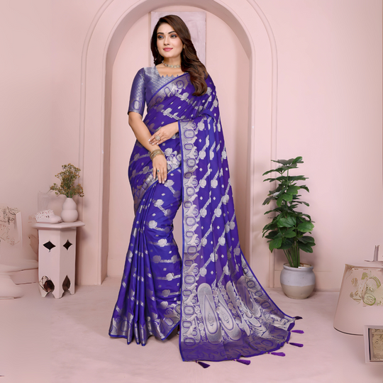 Navy Blue Zari Weaving Soft Georgette Banarasi Silk Saree