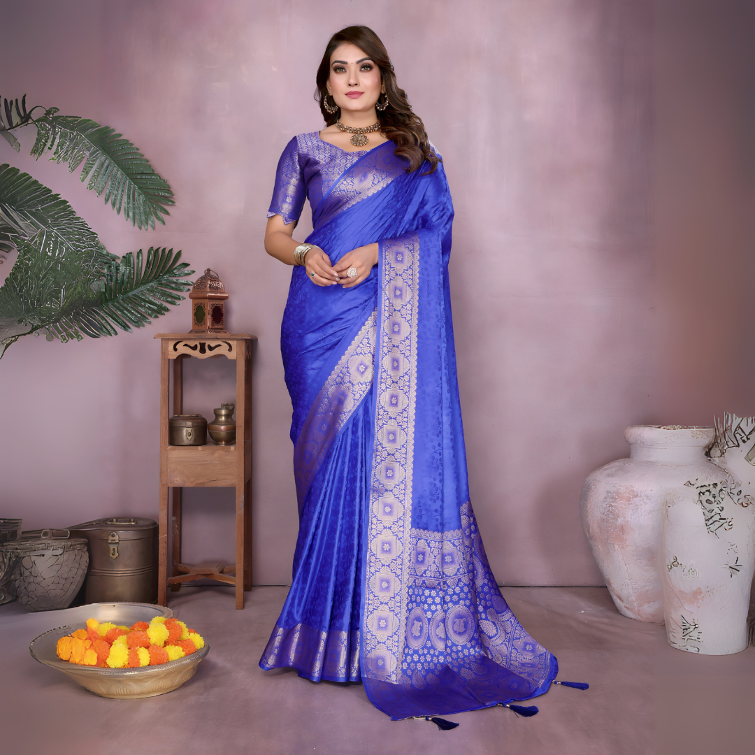 Blue Soft Satin Silk Zari Weaving Saree
