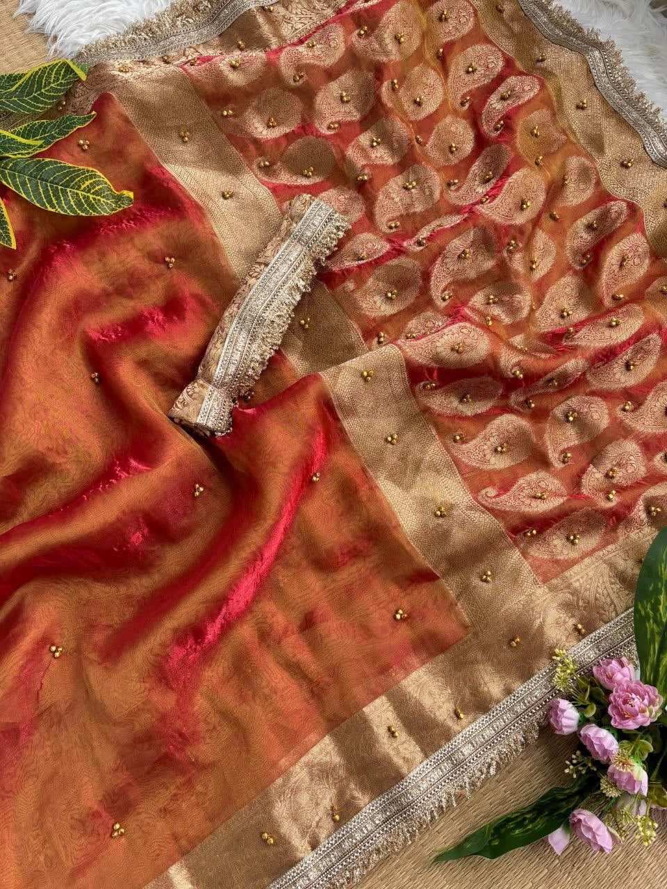 Rust Orange Banarasi Satin Silk Saree – Woven Pallu KS405