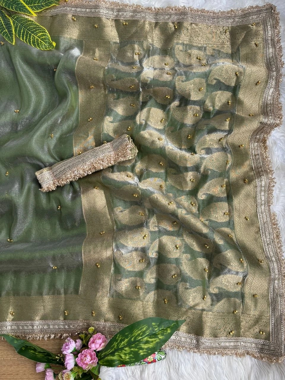 Sage Green Hand Ghungroo Weaving Saree – Banarasi Satin Silk KS405
