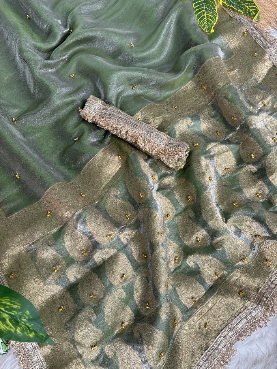 Sage Green Banarasi Saree Ghungroo Weaving – Kalyanja KS405
