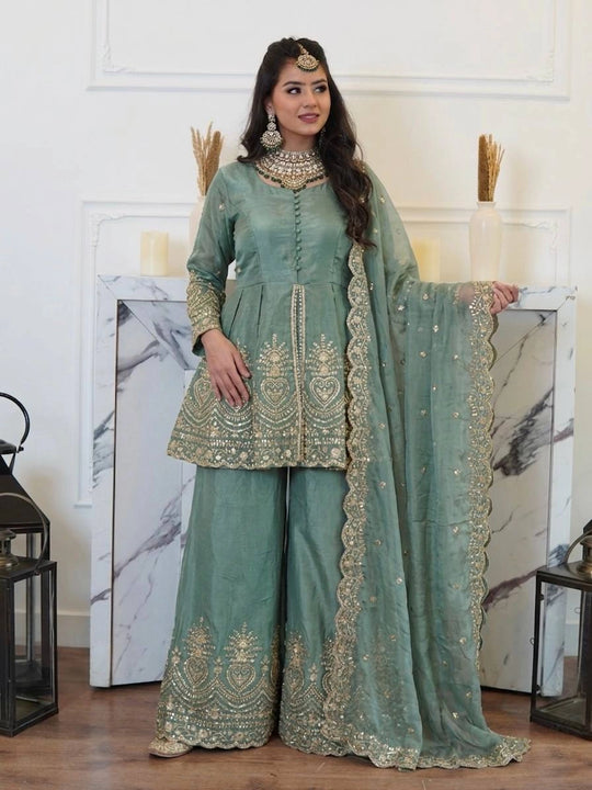 Sage Green Sequins Mirror Work Palazzo Suit full-length model indoor – Kalyanja KU304