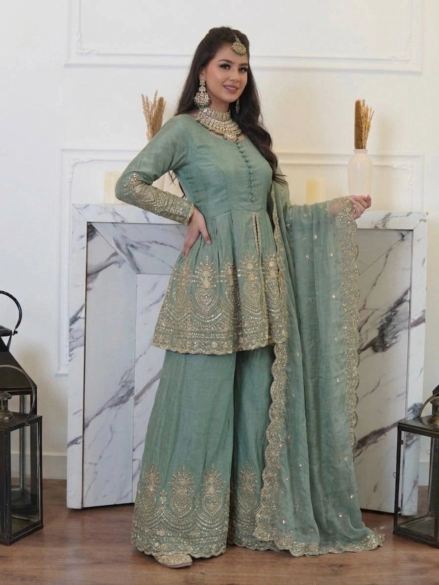 Sage Green Sequins Mirror Work Suit model with dupatta held out – Kalyanja KU304