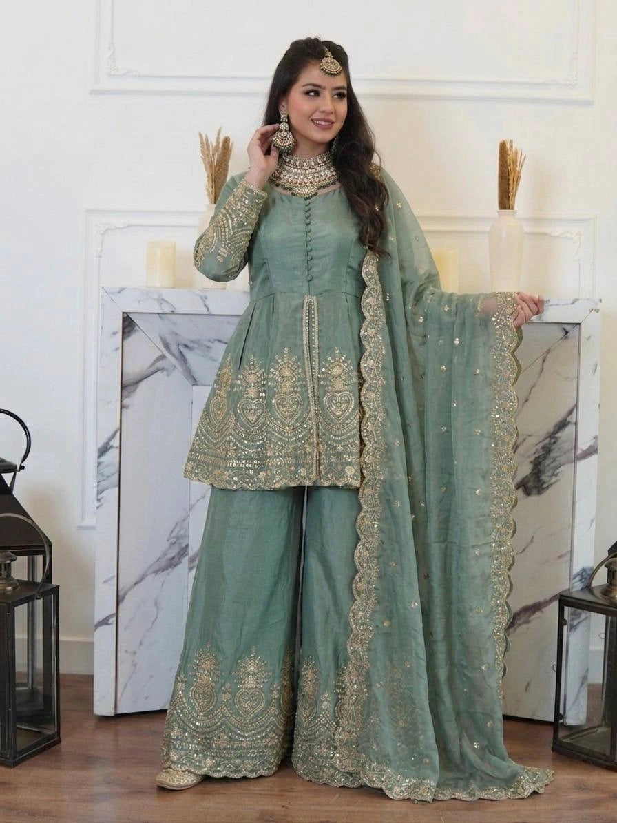 Sage Green Sequins Mirror Work Suit model shot 5 – Kalyanja KU304