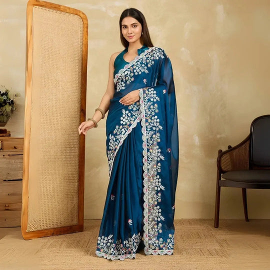 Navy Blue Embroidery Sequins Work Rangoli Silk Saree - kalyanja