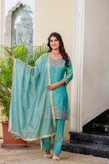 Sea Green Beads Work Suit model with dupatta arms wide – Kalyanja KU296