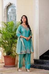 Sea Green Beads Work Suit model shot 5 – Kalyanja KU296