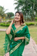Sea Green Warli Weaving Soft Banglori Raw Silk Saree featuring intricate handloom craftsmanship, ideal for reception, sangeet, and festive occasions.
