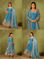 Sky Blue Embroidered Suit complete three piece set flatlay KU267