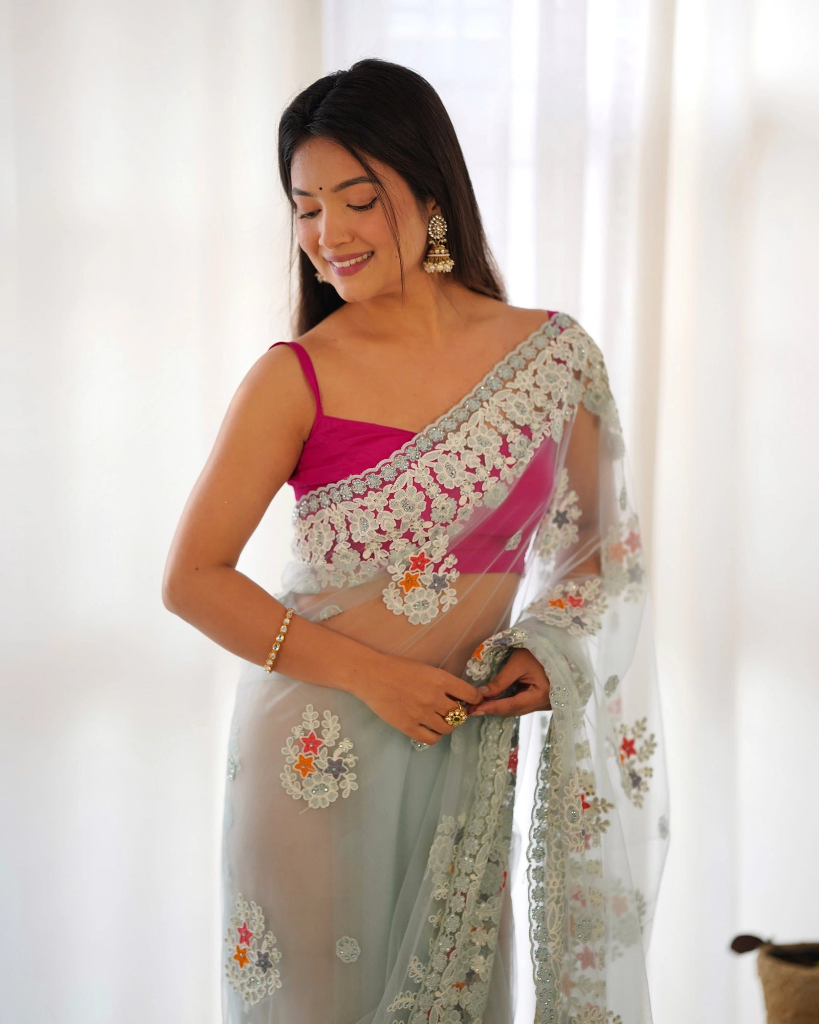 Sky Blue Butterfly Net Saree border scallop – KS378
