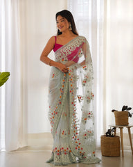Sky Blue Thread Embroidered Saree draping – KS378