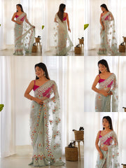 Sky Blue Thread Embroidered Saree collage – KS378 Kalyanja