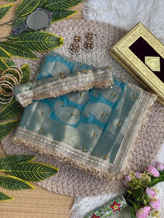 Sky Blue Hand Ghungroo Weaving Saree – Banarasi Satin Silk KS405
