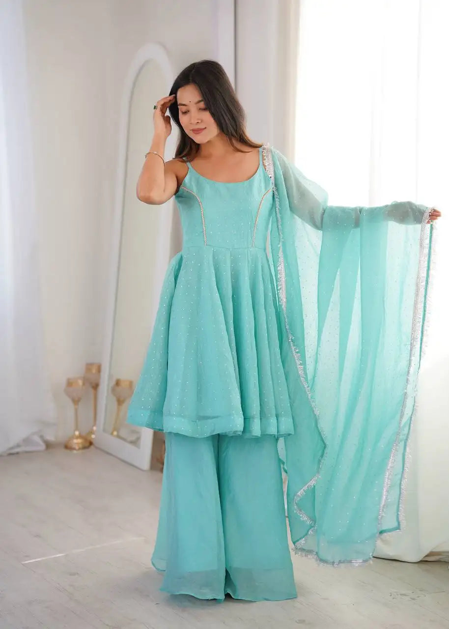 Sky Blue Crunchy Silk Blend Suit KU257 model candid shot
