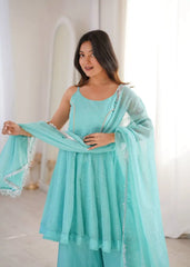Sky Blue Crunchy Silk Suit KU257 model draped dupatta lace border
