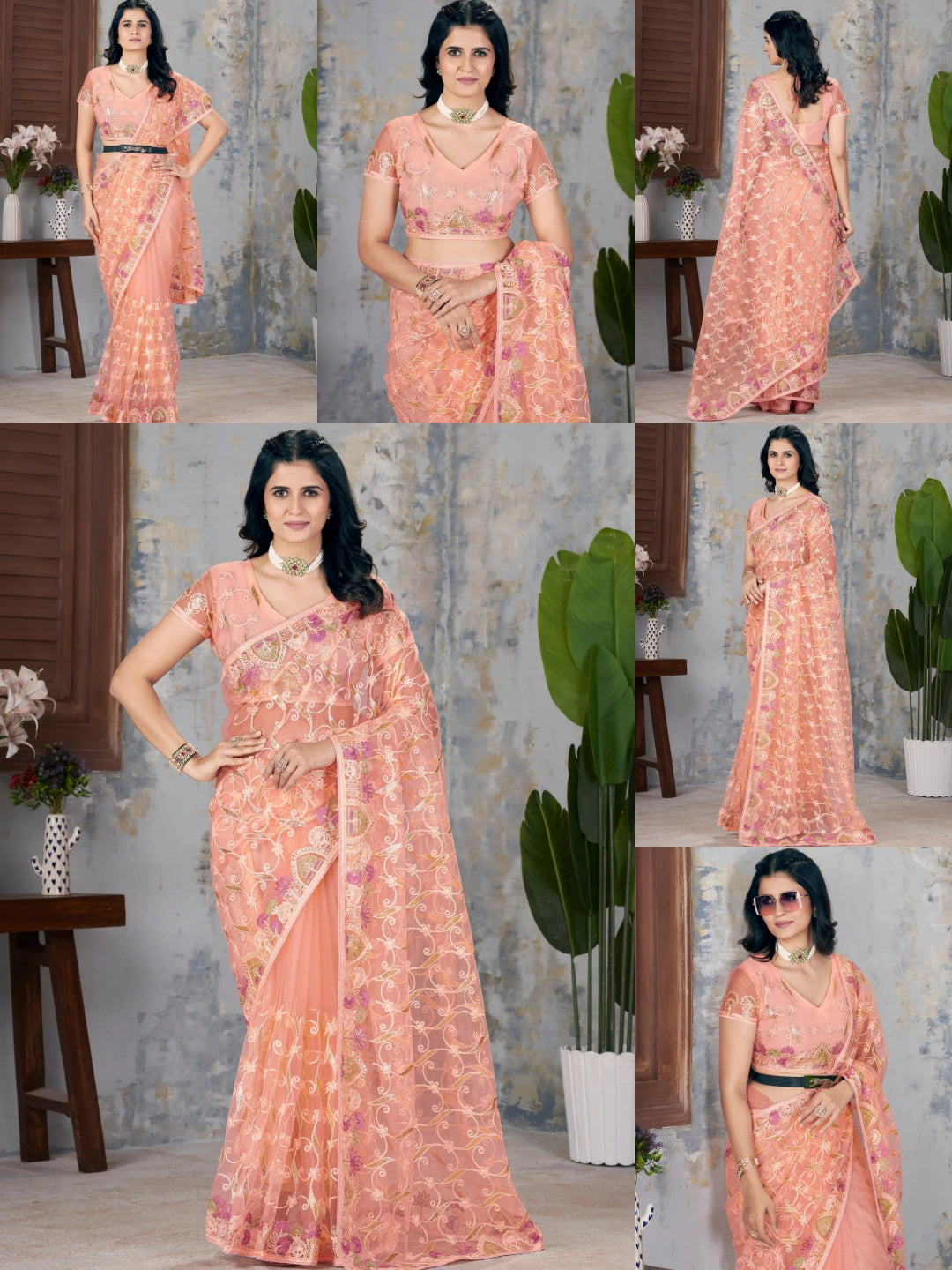 Soft Peach Multi Thread Embroidered Saree collage – KS375 Kalyanja