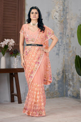 Soft Peach Embroidered Saree draping close-up – KS375