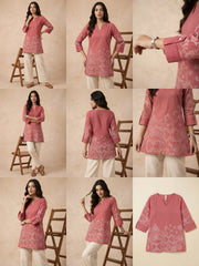Soft Pink Block Print Short Kurti collage – all views linen cotton ethnic print – KSK61