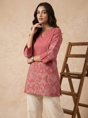 Soft Pink Block Print Short Kurti model pose – linen cotton blend casual wear – KSK61