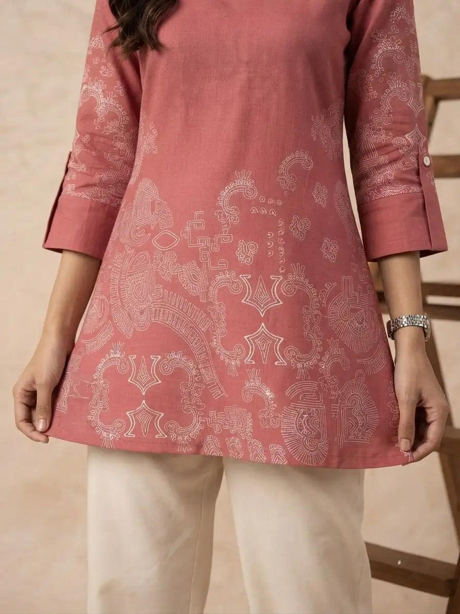 Soft Pink Block Print Short Kurti back view – covered back design – KSK61