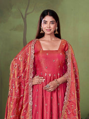 Soft Pink Embroidered Codding Suit Anarkali model front view full length KU267