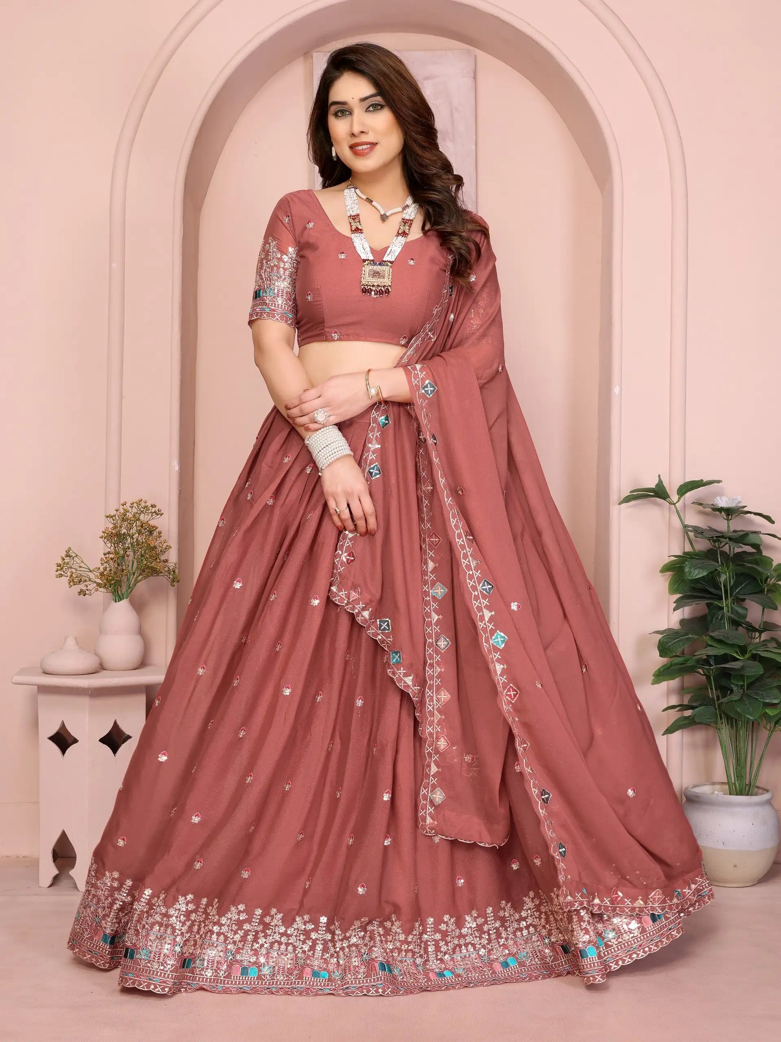 Soft Pink Embroidered Cut Work Lehenga front full view – Kalyanja KL173