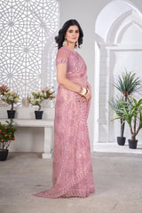 Soft Pink Thread Embroidered Saree Side View | Tissue Net | KS389 | Kalyanja
