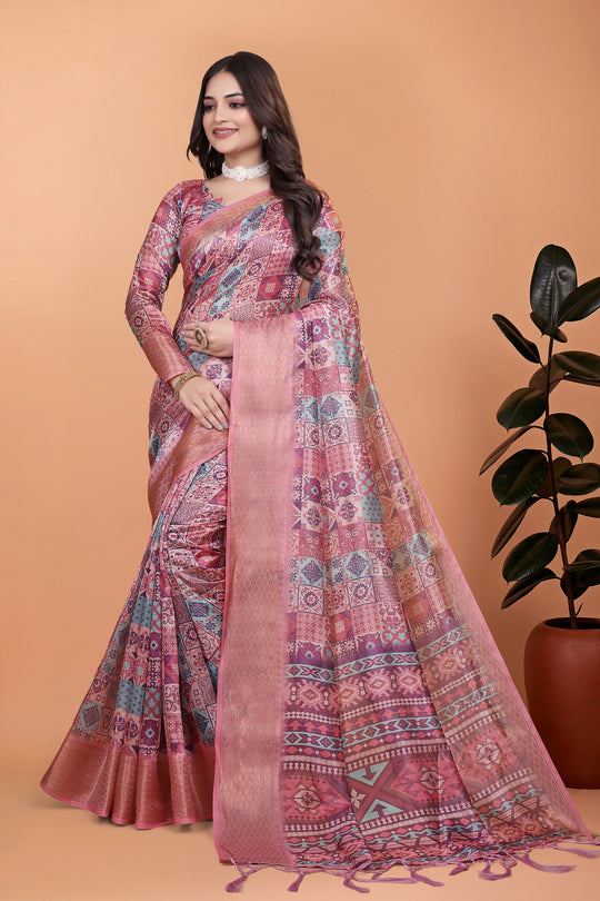 Soft Pink Zari Weaving Premium Crystal Saree Hero Front View | Kalyanja KS364