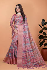 Soft Pink Zari Weaving Premium Crystal Saree Hero Front View | Kalyanja KS364