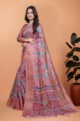 Soft Pink Zari Weaving Saree Patchwork Print Full Front | Kalyanja KS364