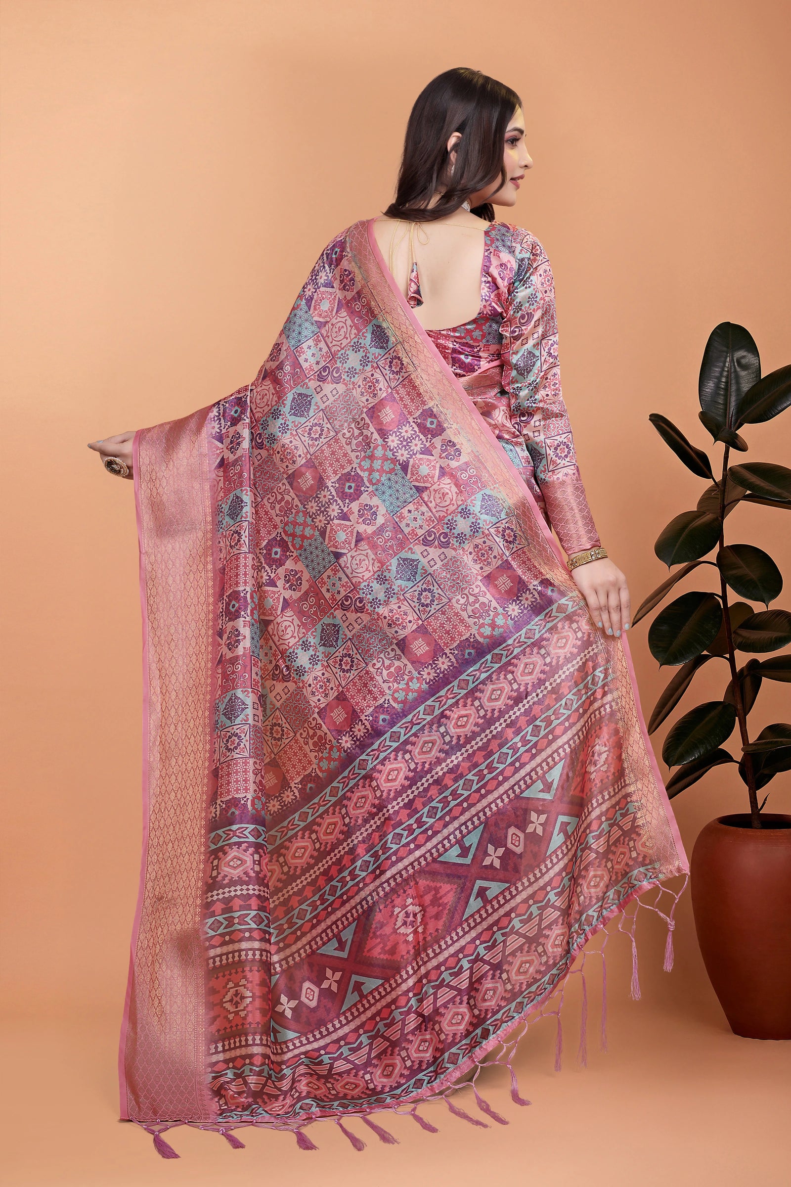Soft Pink Zari Weaving Saree Back View Tribal Woven Pallu | Kalyanja KS364