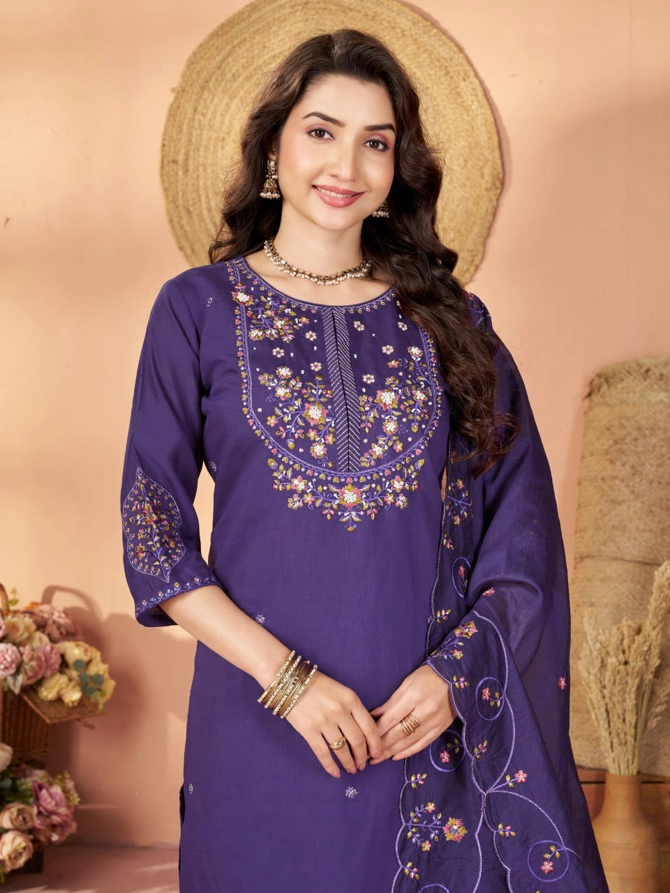 Soft Purple Multi Thread Embroidered Kurti Marina Silk Blend KK110 - Sleeve Detail
