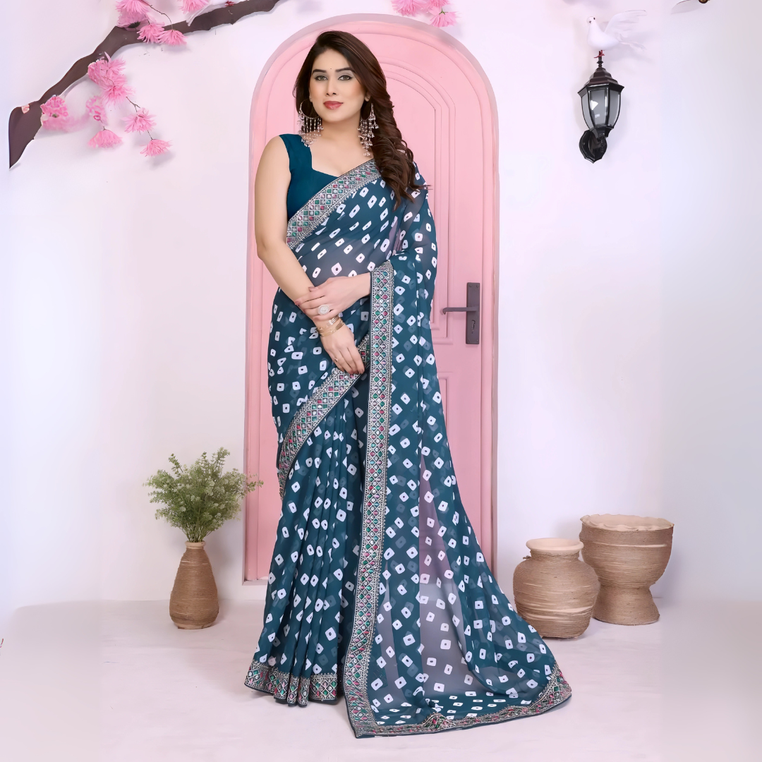 Rama Blue Rajwadi Bandhej Print With Heavy Embroidery Work Georgette Saree