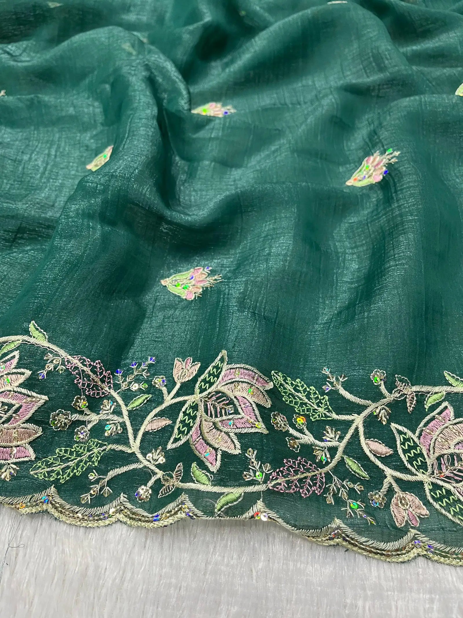 Teal Blue Butterfly Net Saree embroidery flat lay – KS376