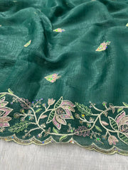 Teal Blue Butterfly Net Saree embroidery flat lay – KS376